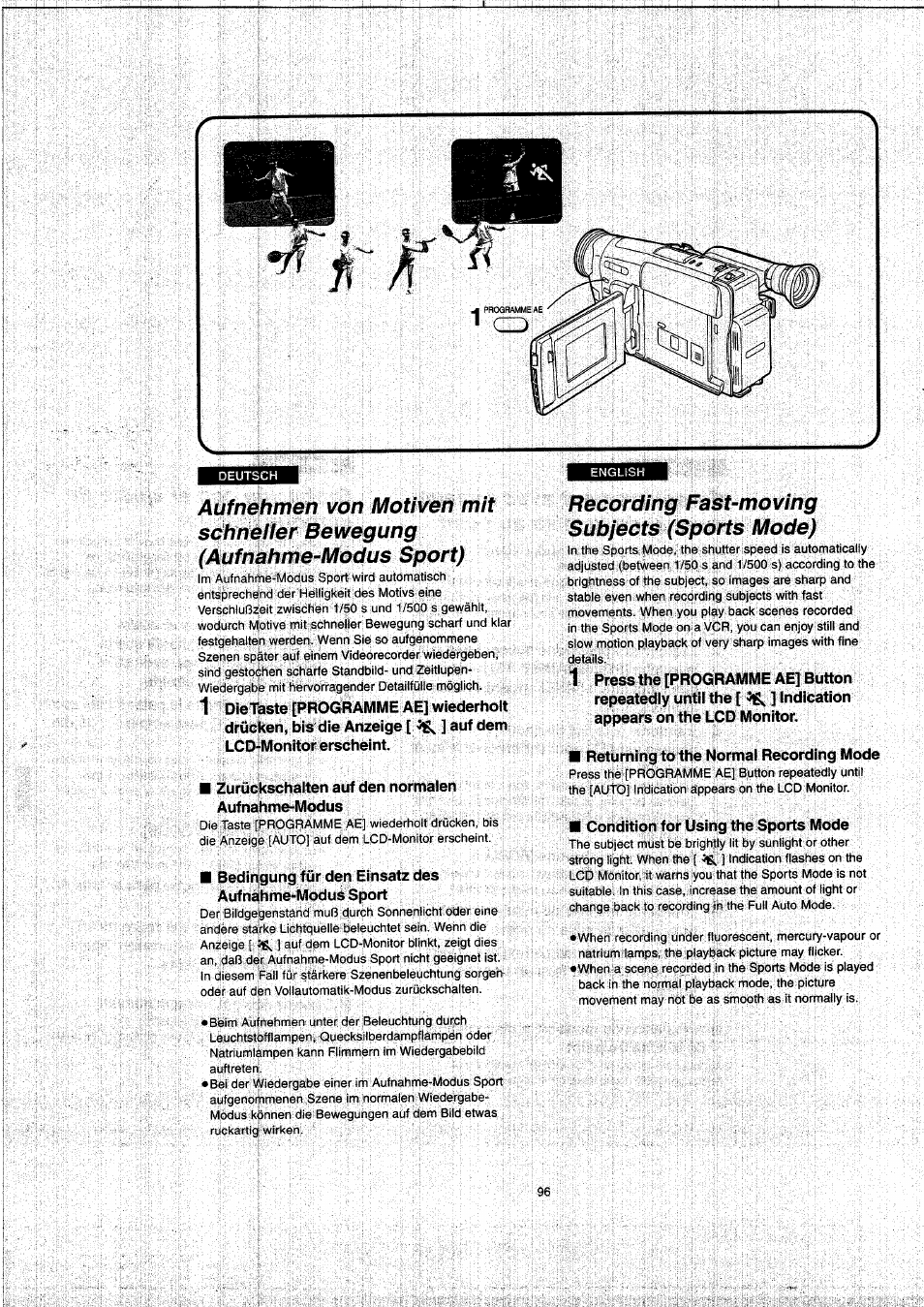 Recording fast-moving subjects (sports mode) | Panasonic NVVX22EG User Manual | Page 96 / 154