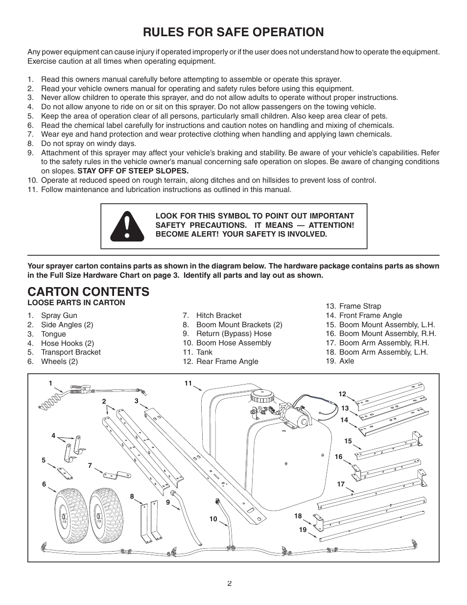 Rules for safe operation, Carton contents | Agri-Fab 45-0325 User Manual | Page 2 / 16