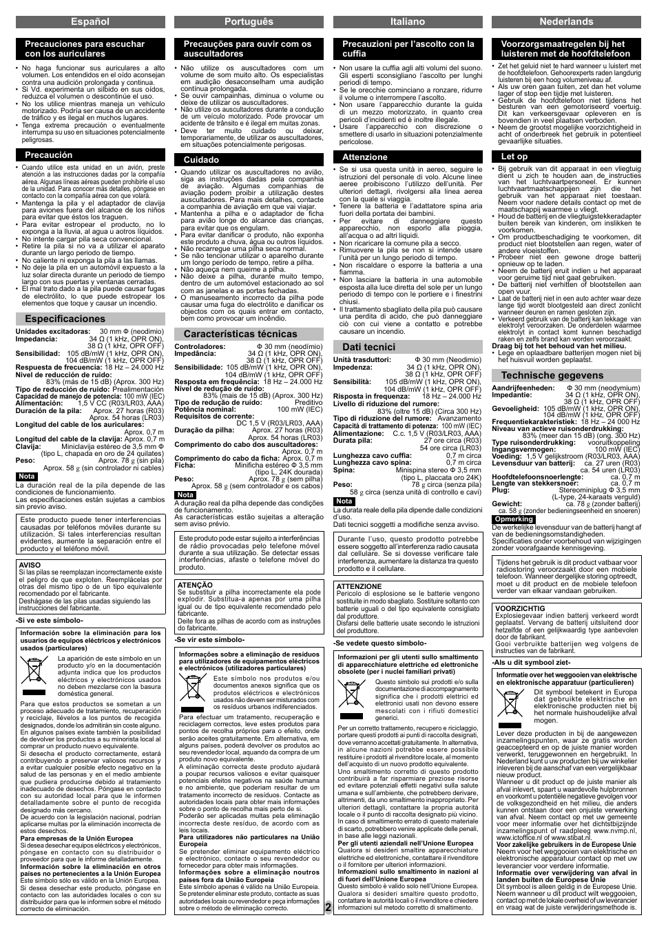 Español português italiano, Especifi caciones, Características técnicas | Dati tecnici, Nederlands, Technische gegevens | Panasonic RPHC101 User Manual | Page 2 / 8