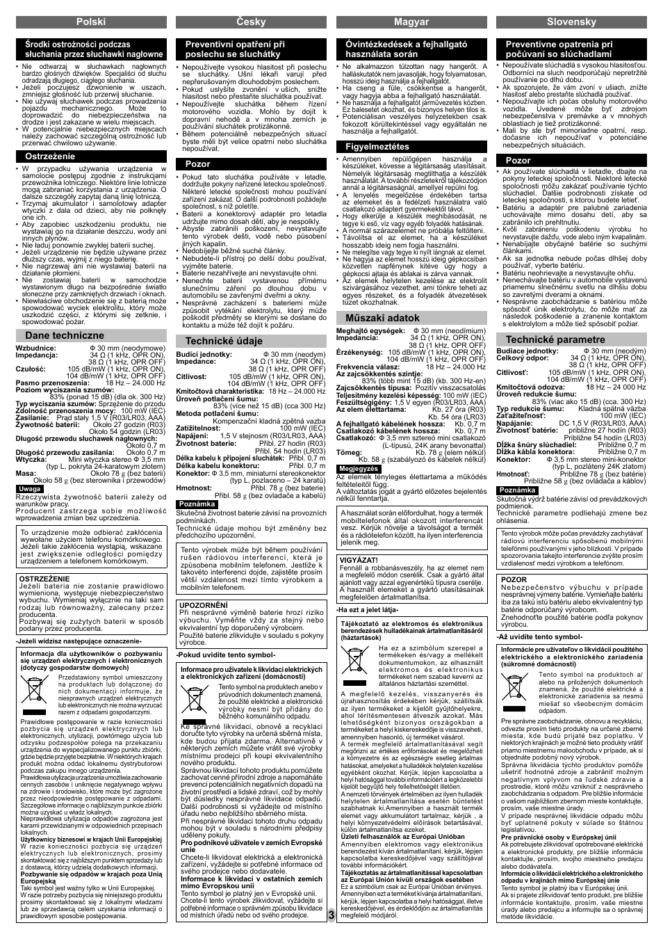 Polski česky magyar slovensky, Technické parametre, Dane techniczne | Technické údaje, Műszaki adatok | Panasonic RPHC101 User Manual | Page 3 / 8