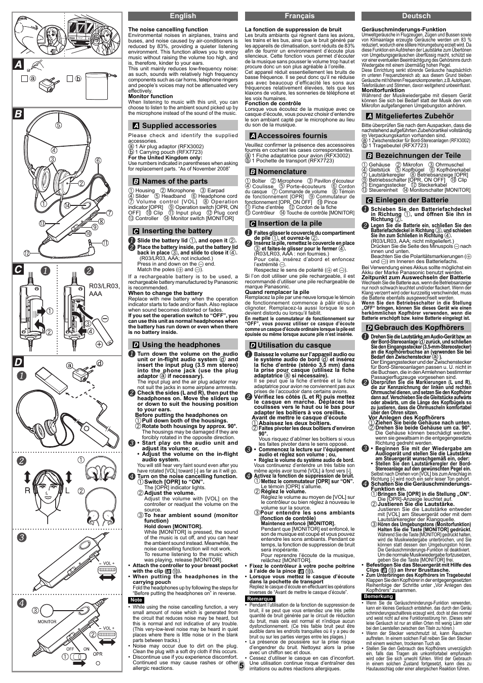 Français deutsch english, Supplied accessories, Names of the parts | Inserting the battery, Using the headphones, Accessoires fournis, Nomenclature, Insertion de la pile, Utilisation du casque, Mitgeliefertes zubehör | Panasonic RPHC101 User Manual | Page 5 / 8
