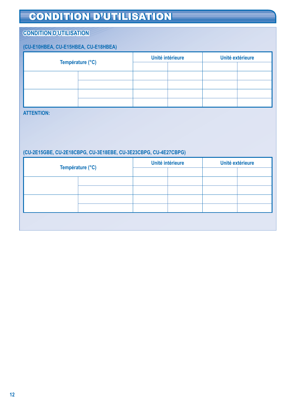 Condition d’utilisation | Panasonic CSE15HD3EA User Manual | Page 12 / 76