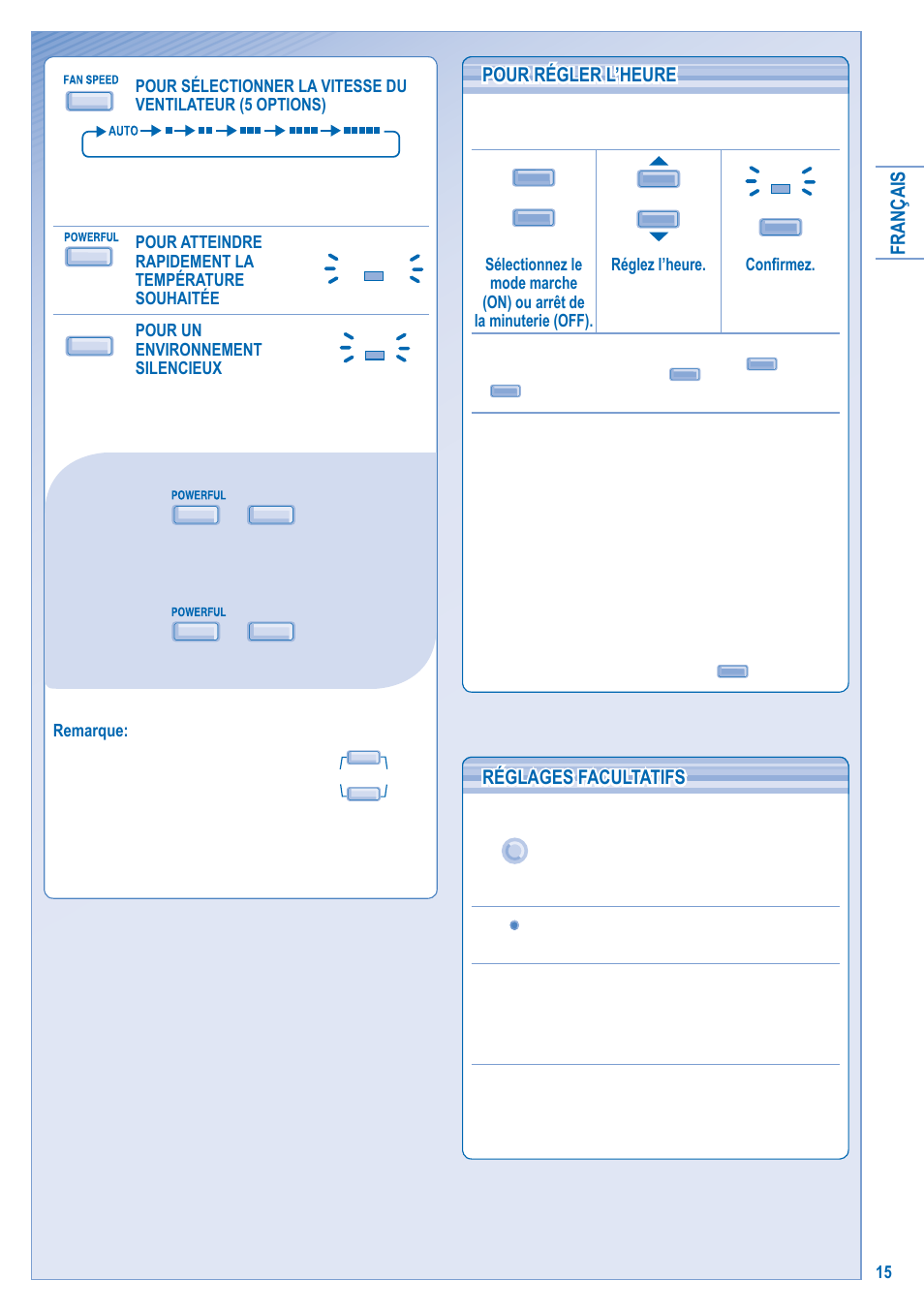 Français réglages facultatifs réglages facultatifs, Pour régler l’heure | Panasonic CSE15HD3EA User Manual | Page 15 / 76