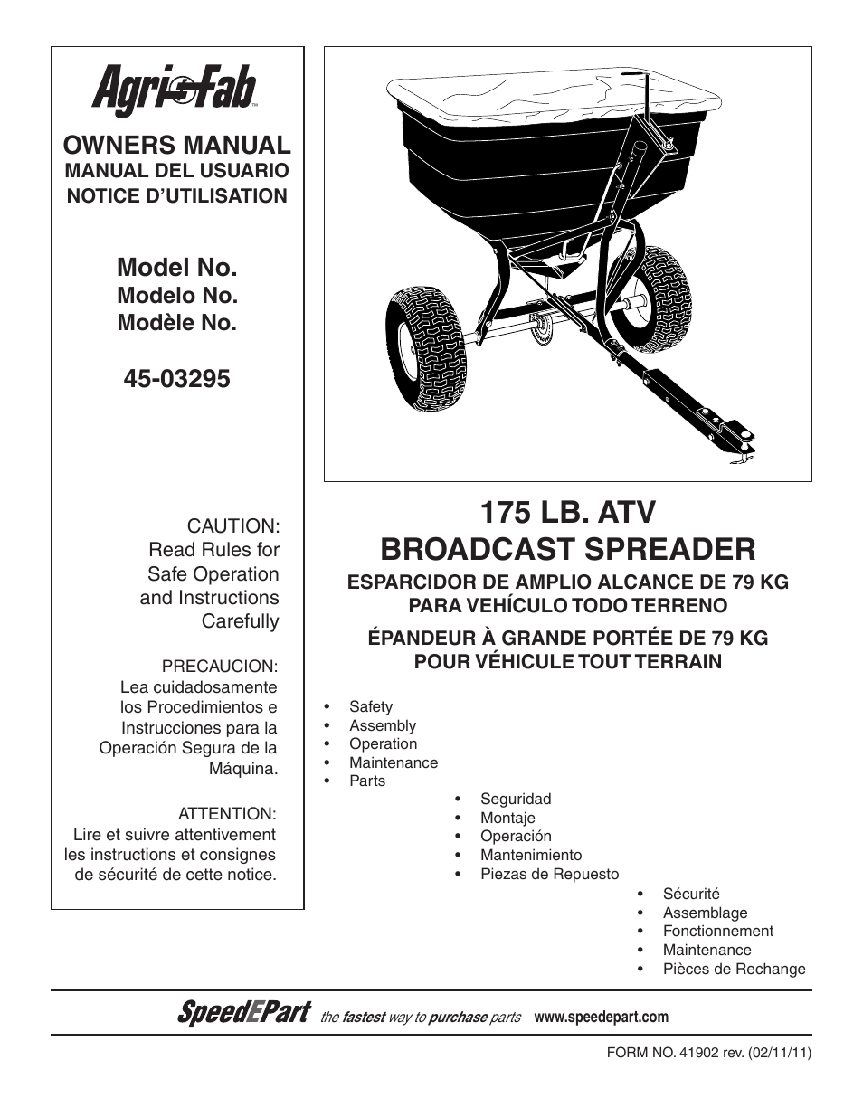 Agri-Fab 175 LB. ATV BROADCAST SPREADER 45-03295 User Manual | 20 pages