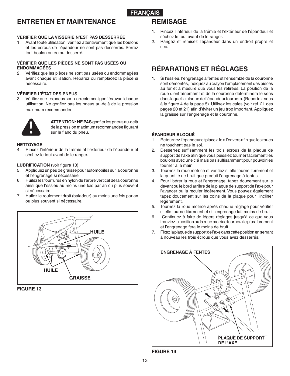 Entretien et maintenance, Remisage, Réparations et réglages | Agri-Fab 175 LB. ATV BROADCAST SPREADER 45-03295 User Manual | Page 13 / 20