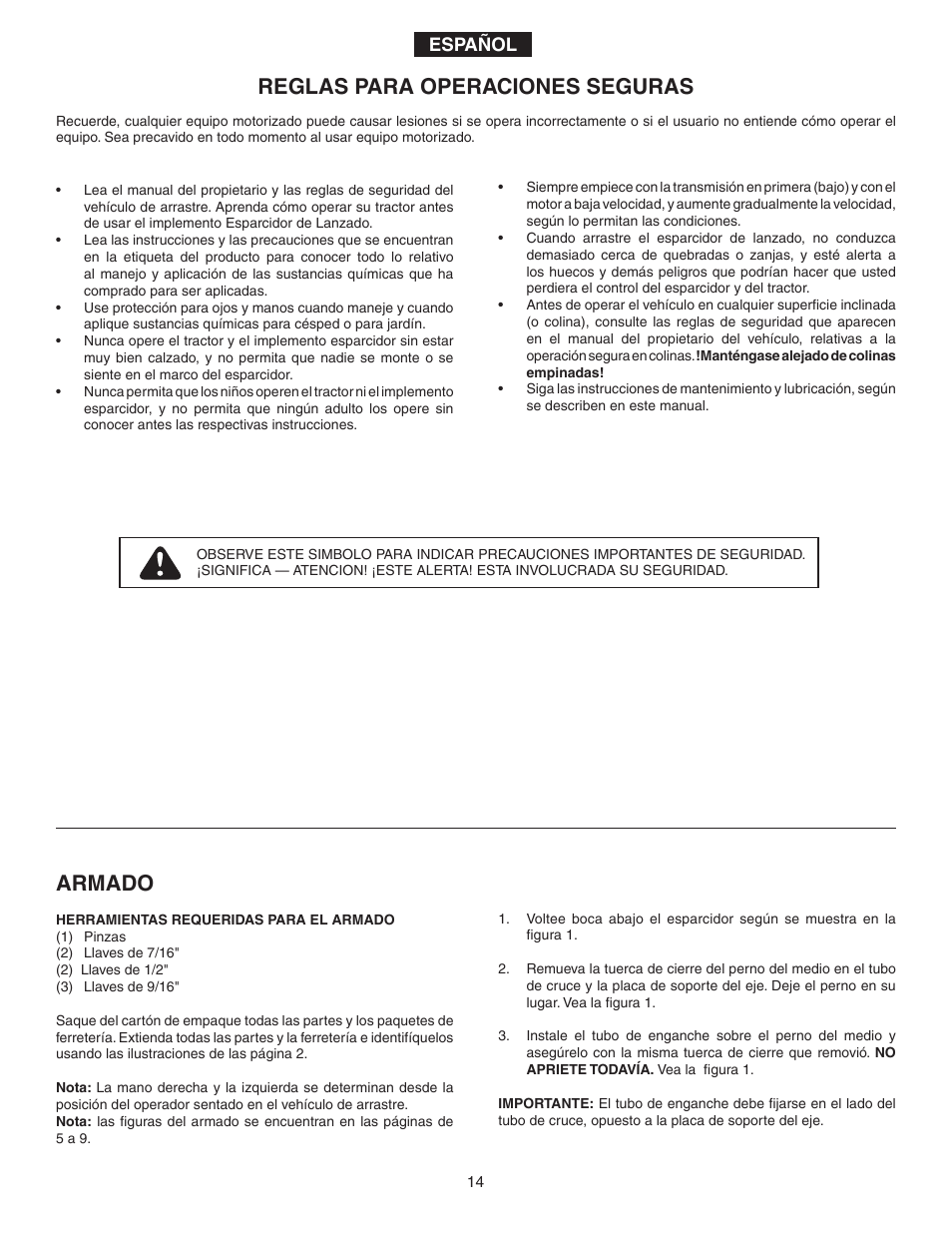 Reglas para operaciones seguras, Armado, Español | Agri-Fab 175 LB. ATV BROADCAST SPREADER 45-03295 User Manual | Page 14 / 20