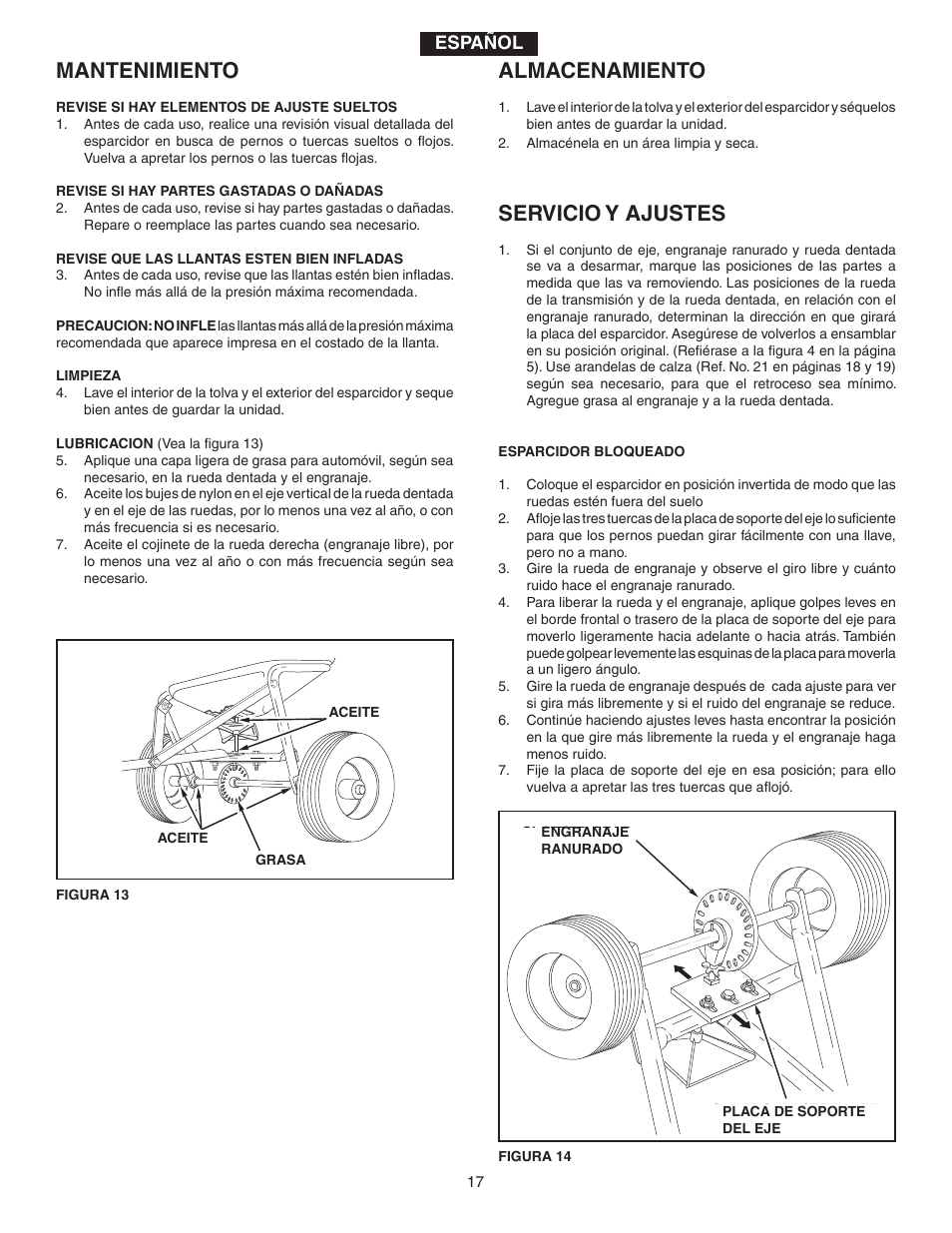 Mantenimiento, Almacenamiento, Servicio y ajustes | Agri-Fab 175 LB. ATV BROADCAST SPREADER 45-03295 User Manual | Page 17 / 20