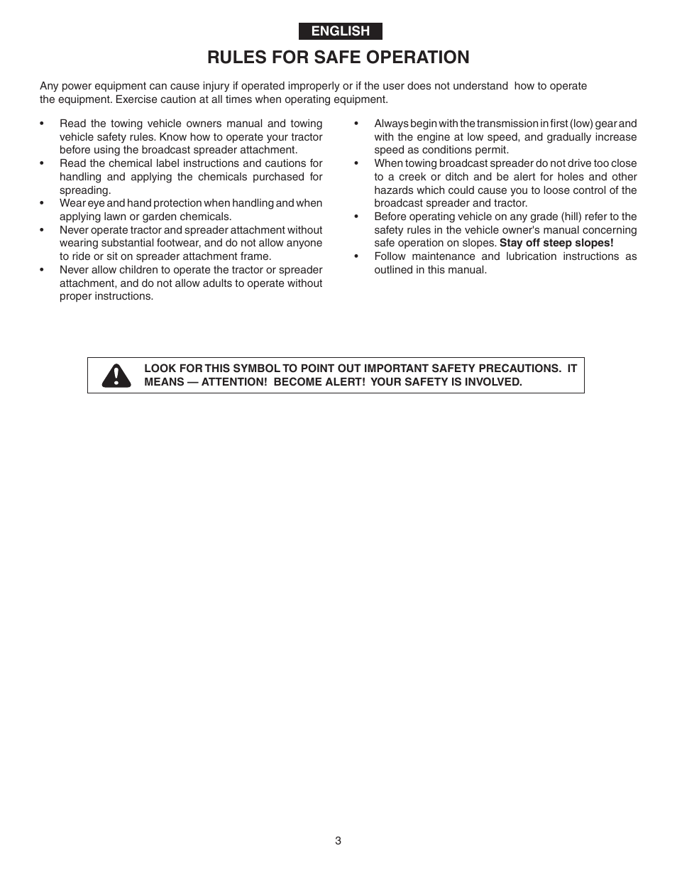 Rules for safe operation | Agri-Fab 175 LB. ATV BROADCAST SPREADER 45-03295 User Manual | Page 3 / 20