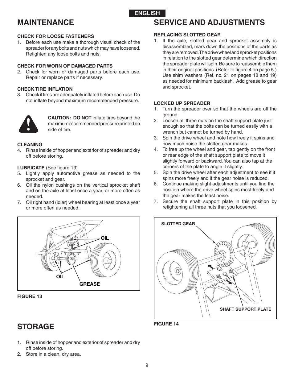 Maintenance, Storage, Service and adjustments | Agri-Fab 175 LB. ATV BROADCAST SPREADER 45-03295 User Manual | Page 9 / 20