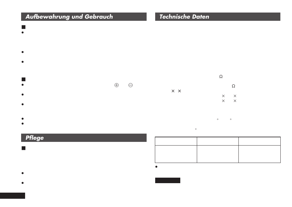 Aufbewahrung und gebrauch ∫ gerät, Trockenbatterien, Pflege ∫ bei einer verschmutzung der außenflächen | Technische daten | Panasonic RRQR80 User Manual | Page 26 / 84