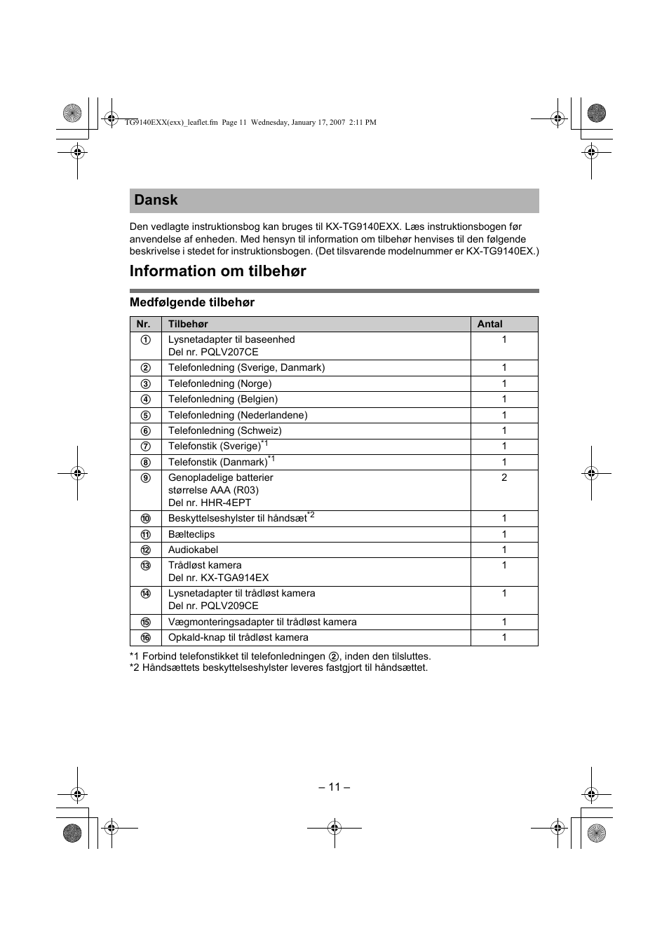 Information om tilbehør, Dansk | Panasonic KXTG9140EXX User Manual | Page 11 / 16
