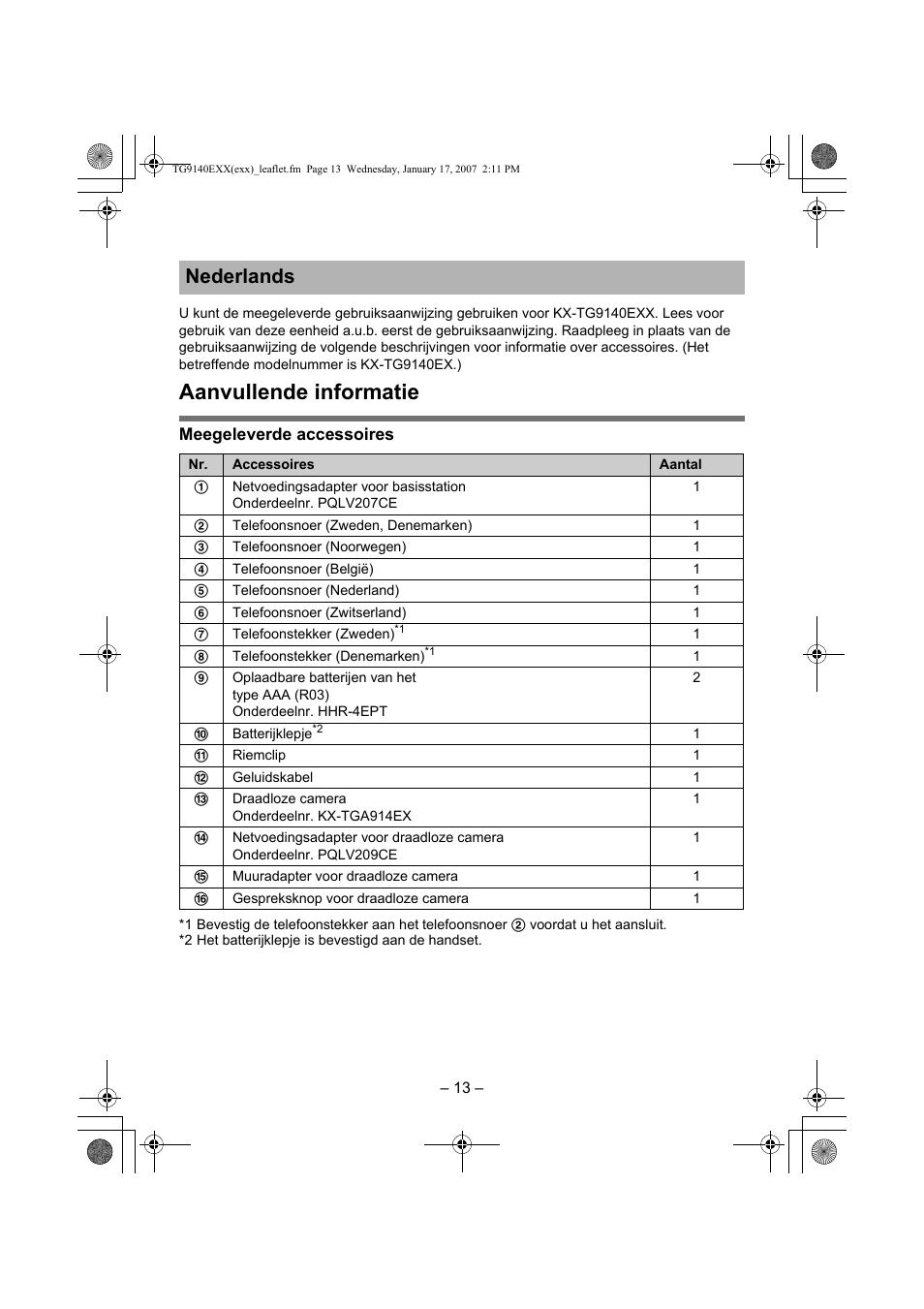 Aanvullende informatie, Nederlands | Panasonic KXTG9140EXX User Manual | Page 13 / 16