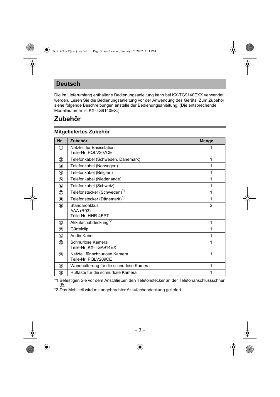 Zubehör, Deutsch | Panasonic KXTG9140EXX User Manual | Page 3 / 16