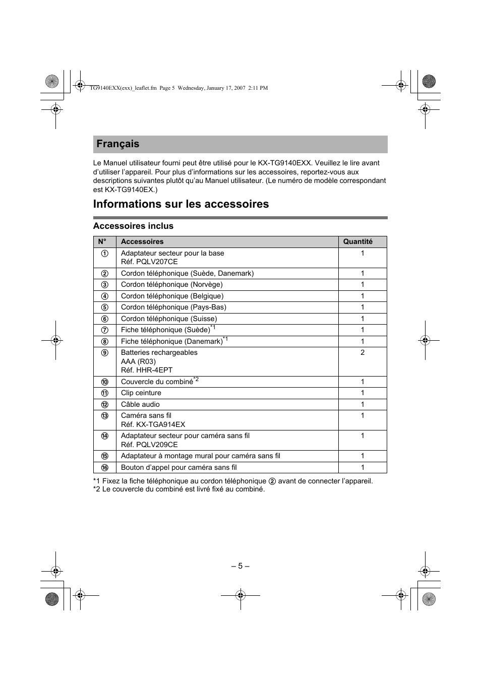 Informations sur les accessoires, Français | Panasonic KXTG9140EXX User Manual | Page 5 / 16