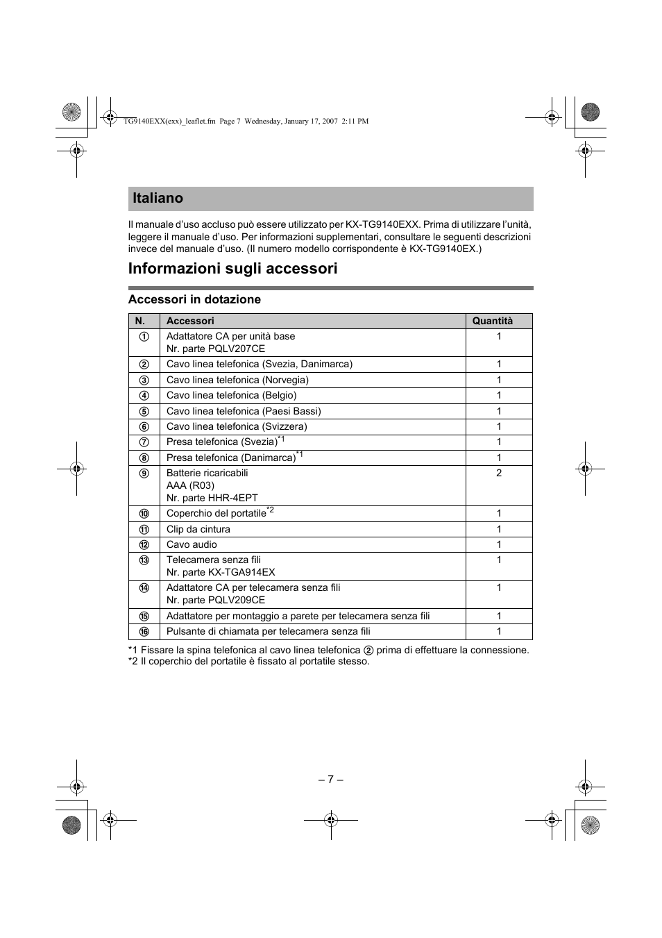 Informazioni sugli accessori, Italiano | Panasonic KXTG9140EXX User Manual | Page 7 / 16