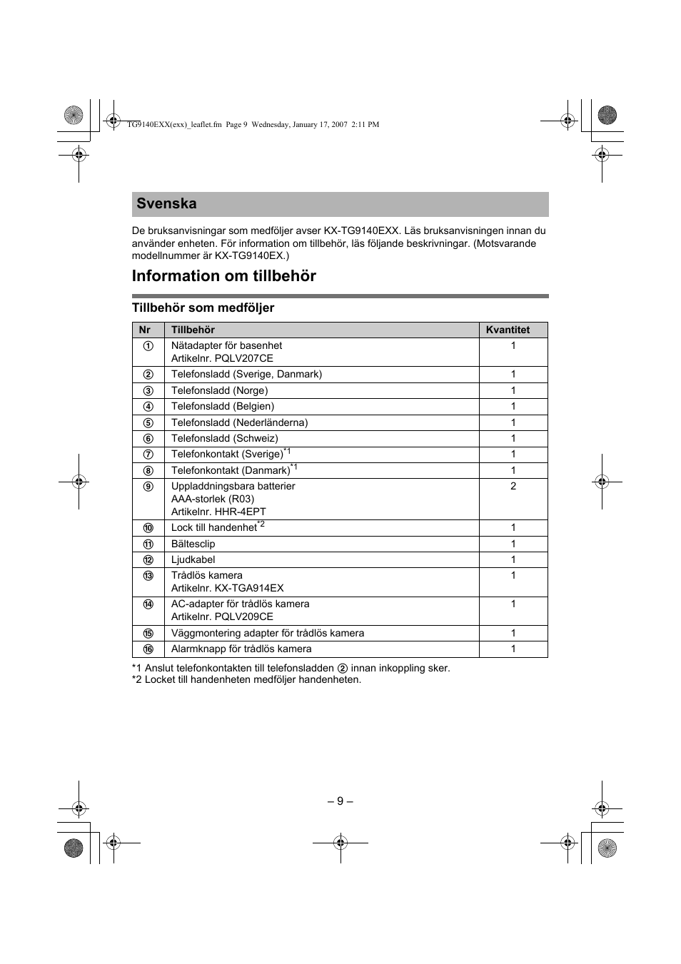 Information om tillbehör, Svenska | Panasonic KXTG9140EXX User Manual | Page 9 / 16