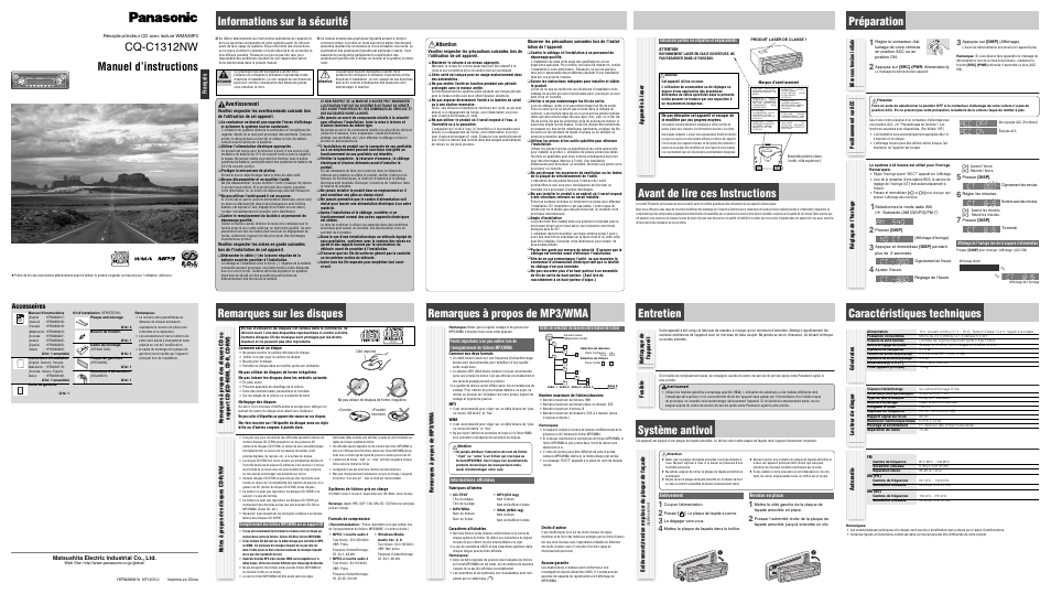 Panasonic CQC1312NW User Manual | 4 pages