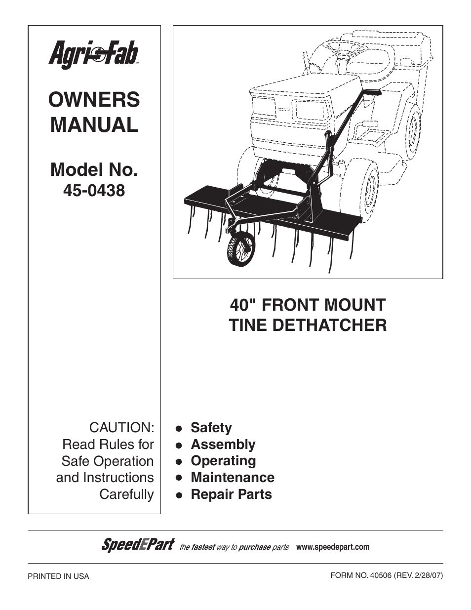 Owners manual, Model no, 40" front mount tine dethatcher | Agri-Fab 45-0438 User Manual | Page 2 / 13