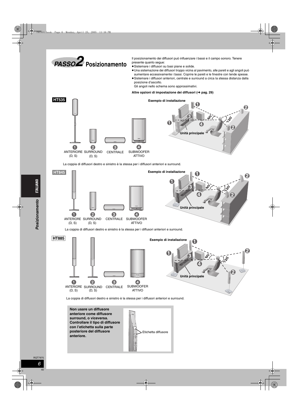 Passo, Posizionamento | Panasonic SCHT845 User Manual | Page 40 / 104