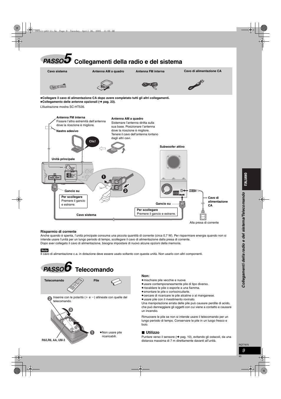 Passo, Collegamenti della radio e del sistema, Telecomando | Panasonic SCHT845 User Manual | Page 43 / 104