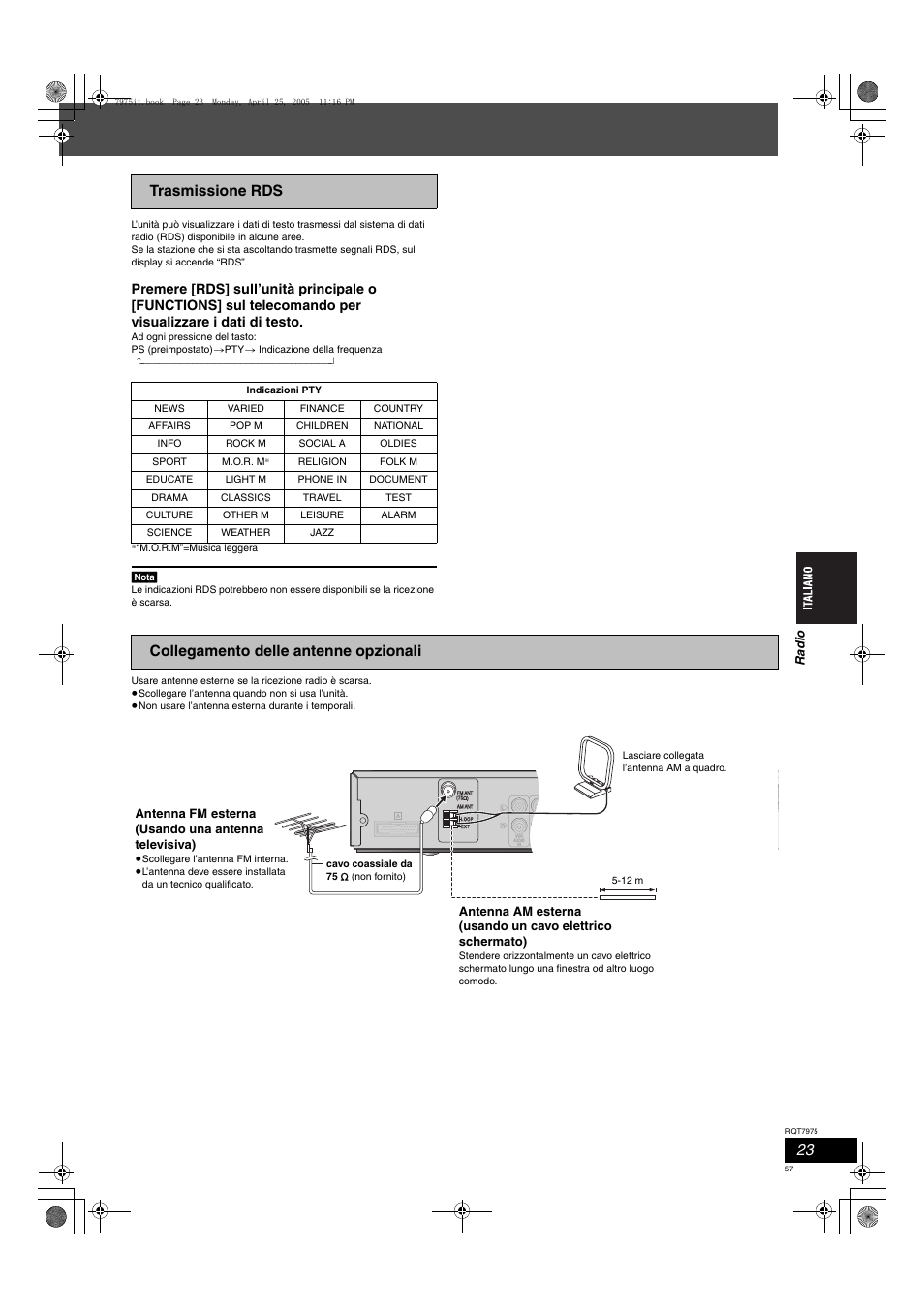 Trasmissione rds, Collegamento delle antenne opzionali, Ra di o | Antenna fm esterna (usando una antenna televisiva) | Panasonic SCHT845 User Manual | Page 57 / 104