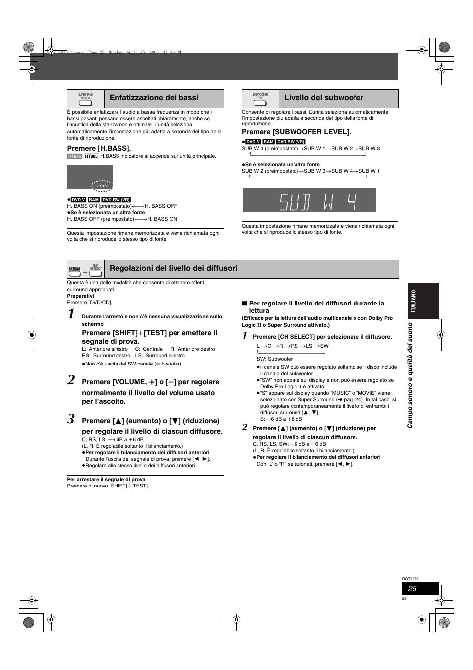 Enfatizzazione dei bassi, Livello del subwoofer, Regolazioni del livello dei diffusori | Premere [h.bass, Premere [subwoofer level | Panasonic SCHT845 User Manual | Page 59 / 104