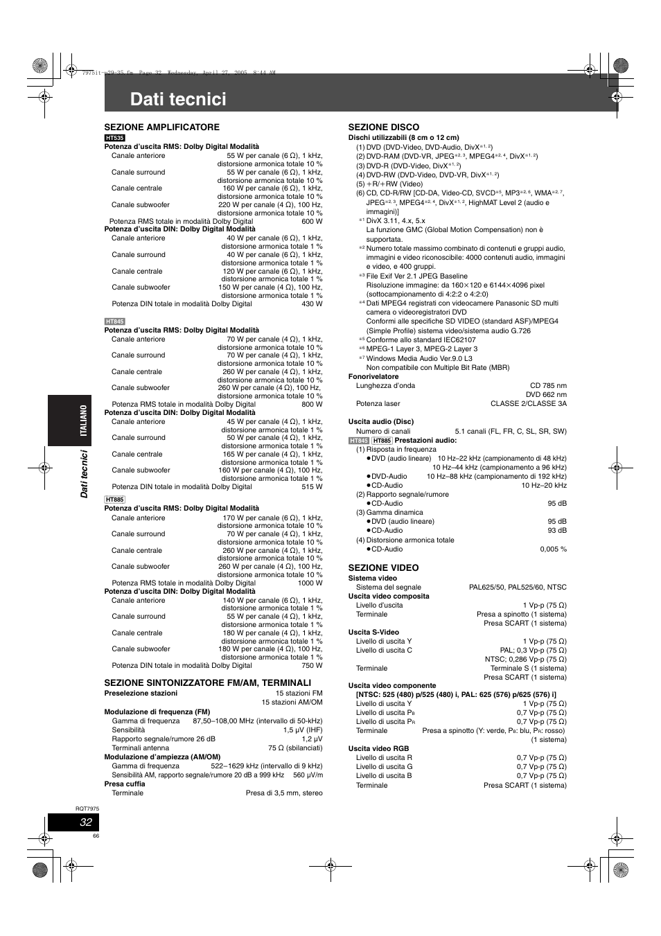 Dati tecnici | Panasonic SCHT845 User Manual | Page 66 / 104