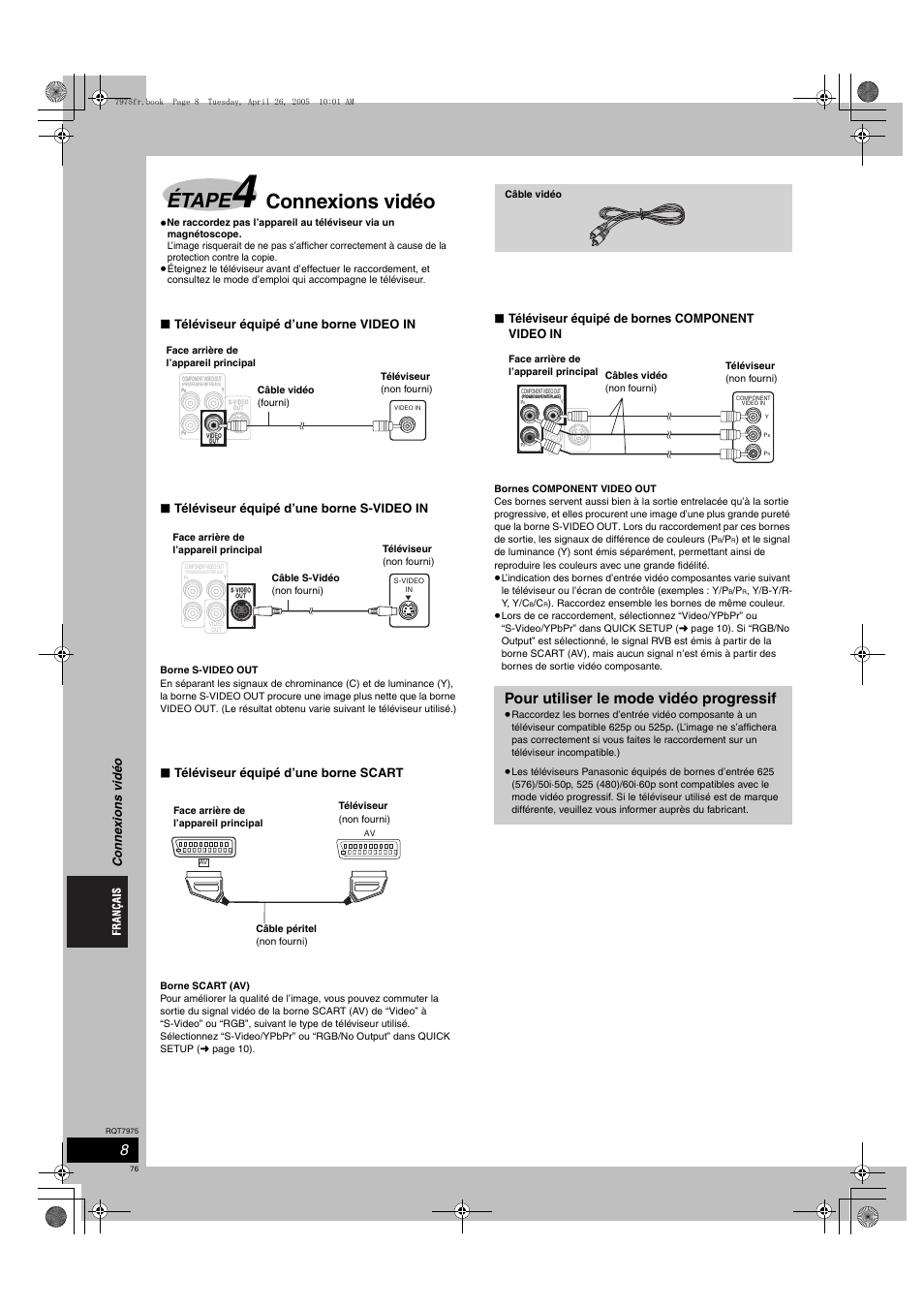 Étape, Connexions vidéo, Pour utiliser le mode vidéo progressif | Téléviseur équipé d’une borne scart, Téléviseur équipé de bornes component video in, Conn e x io ns vidé o | Panasonic SCHT845 User Manual | Page 76 / 104