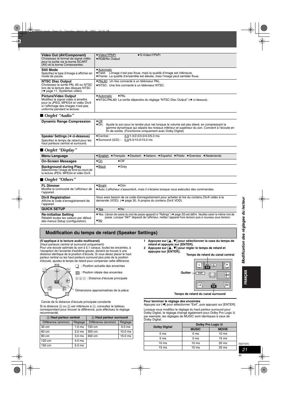 Modification du temps de retard (speaker settings), Onglet “audio” ∫ onglet “display” ∫ onglet “others | Panasonic SCHT845 User Manual | Page 89 / 104