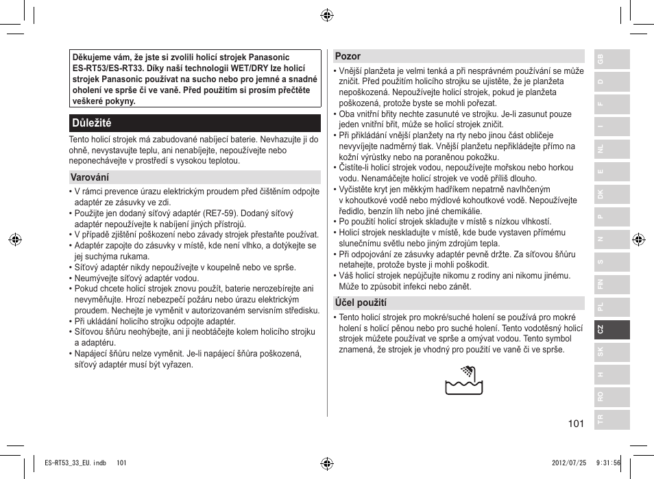Důležité | Panasonic ESRT53 User Manual | Page 101 / 142