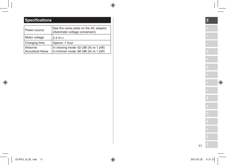 Specifications | Panasonic ESRT53 User Manual | Page 11 / 142