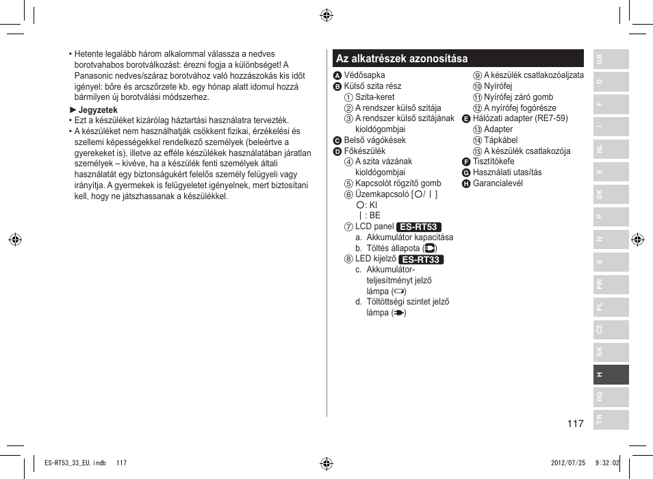 Az alkatrészek azonosítása | Panasonic ESRT53 User Manual | Page 117 / 142