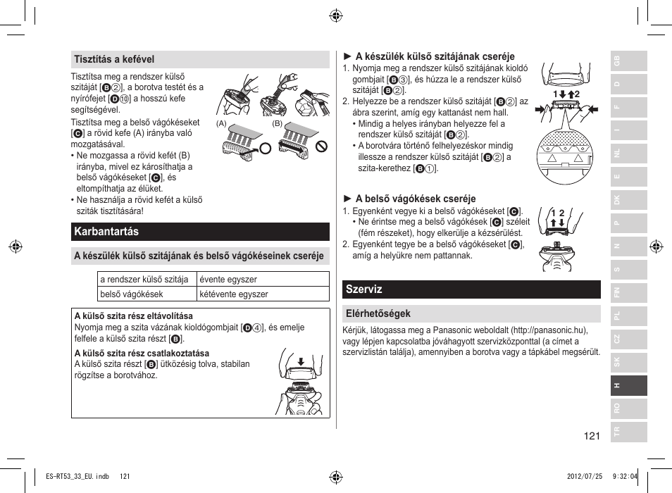 Karbantartás, Szerviz | Panasonic ESRT53 User Manual | Page 121 / 142