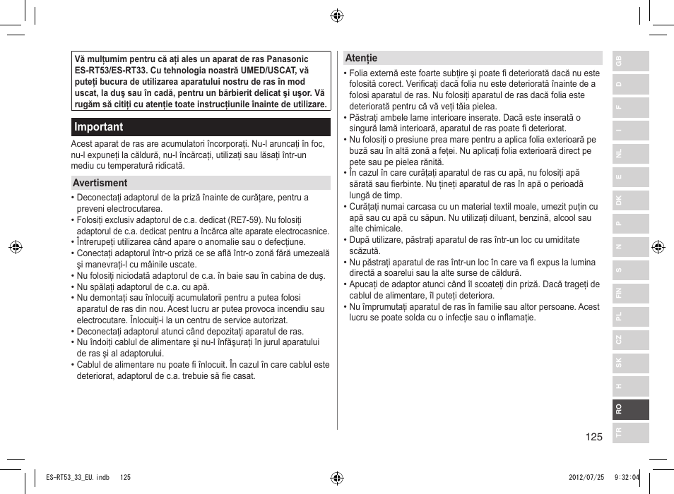Important | Panasonic ESRT53 User Manual | Page 125 / 142