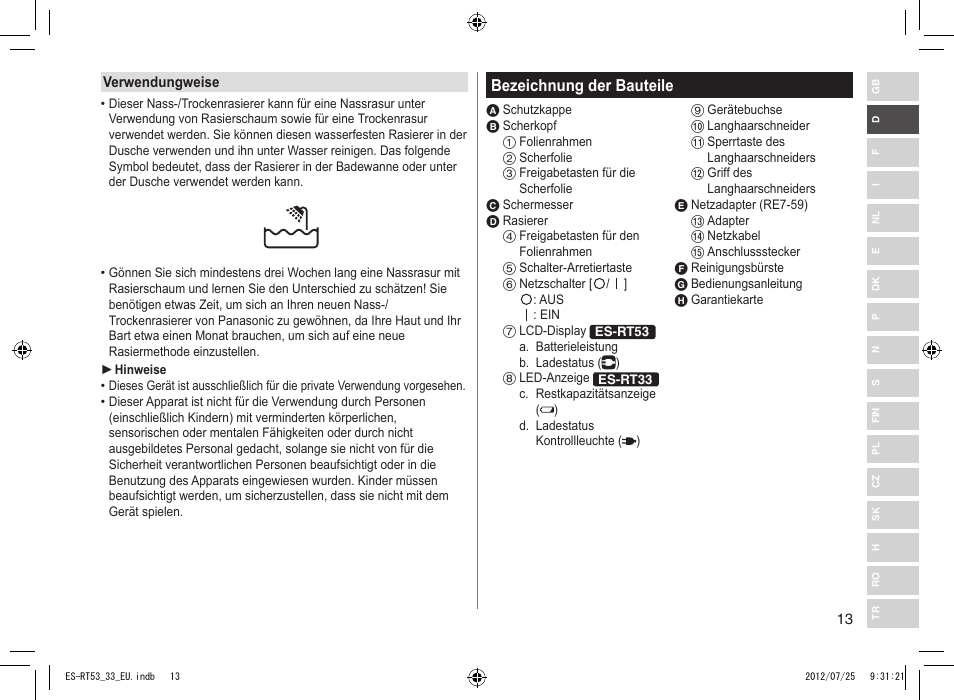 Bezeichnung der bauteile | Panasonic ESRT53 User Manual | Page 13 / 142