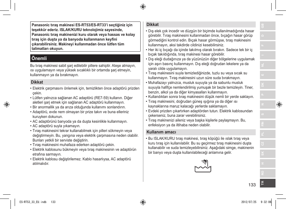 Önemli | Panasonic ESRT53 User Manual | Page 133 / 142
