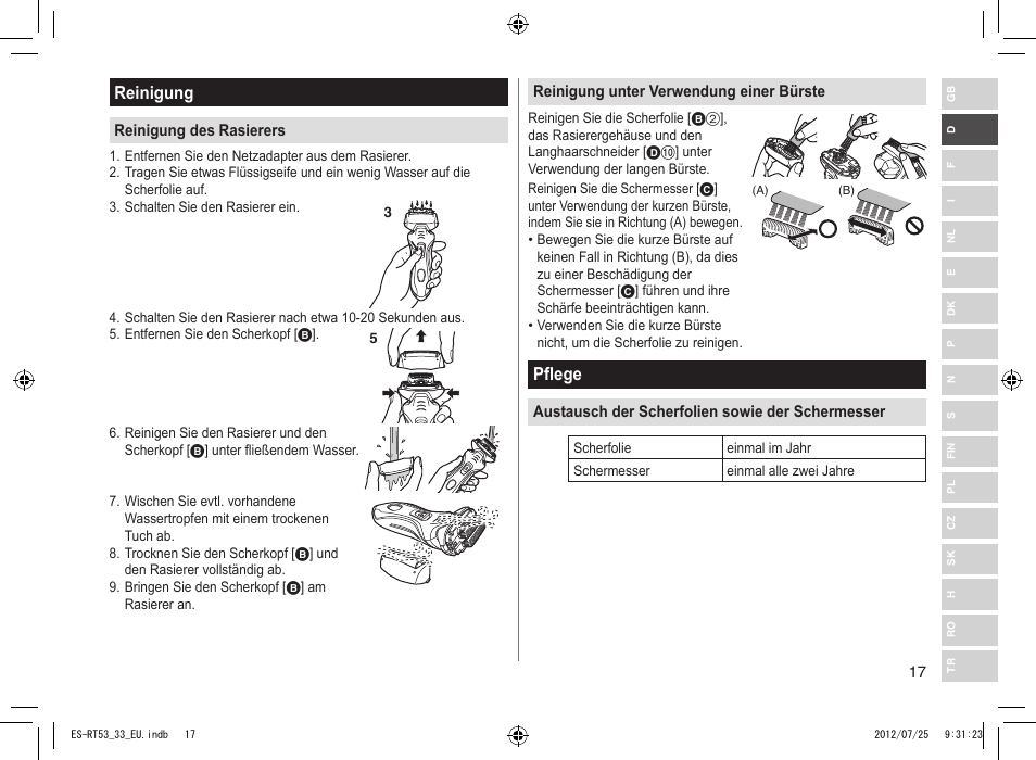 Reinigung, Pflege | Panasonic ESRT53 User Manual | Page 17 / 142