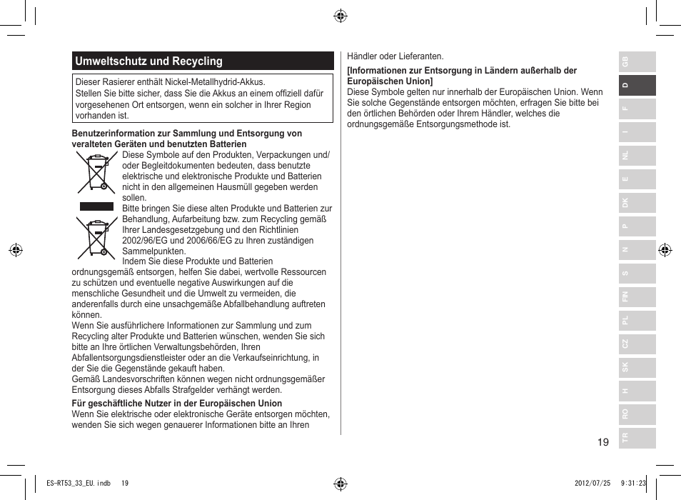 Umweltschutz und recycling | Panasonic ESRT53 User Manual | Page 19 / 142