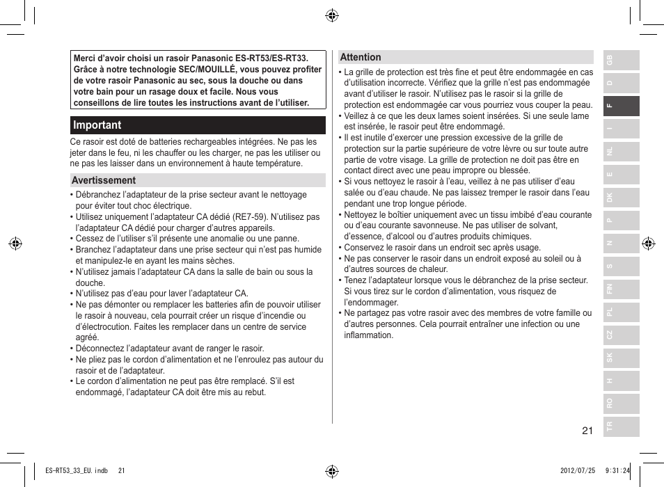 Important | Panasonic ESRT53 User Manual | Page 21 / 142