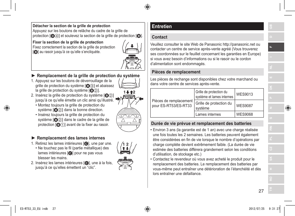Entretien | Panasonic ESRT53 User Manual | Page 27 / 142