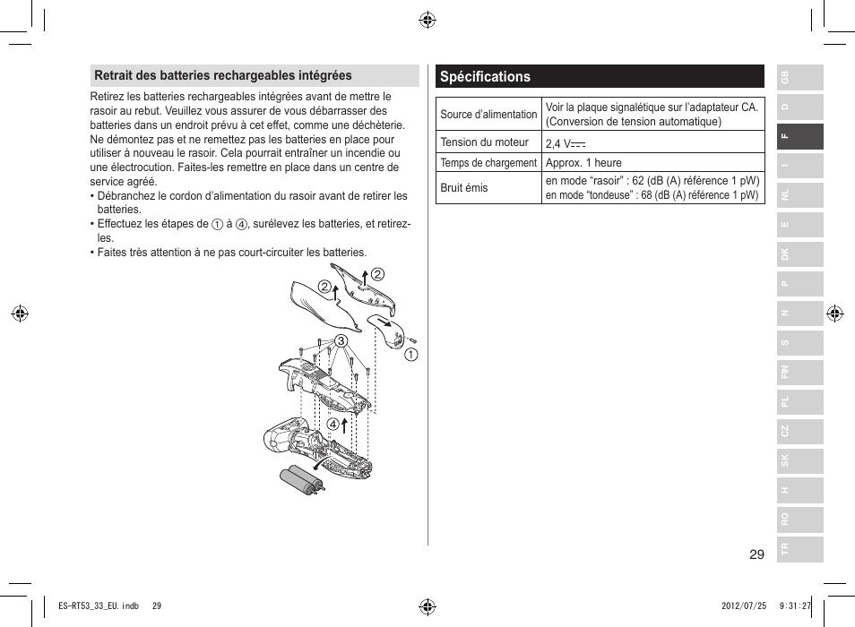 Spécifications | Panasonic ESRT53 User Manual | Page 29 / 142