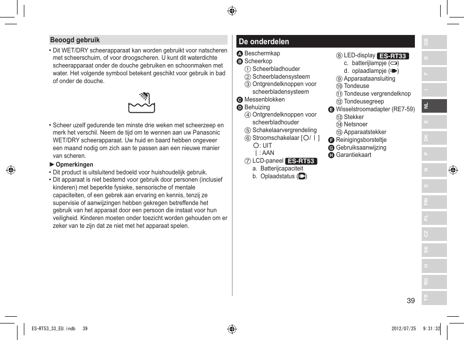 De onderdelen | Panasonic ESRT53 User Manual | Page 39 / 142