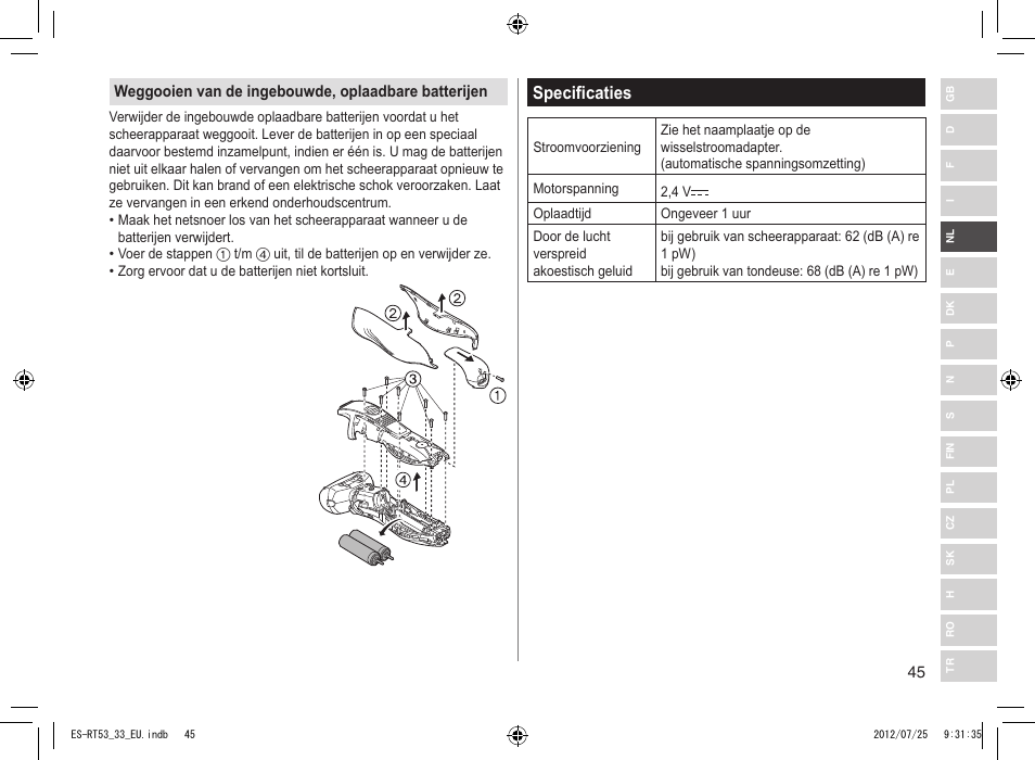 Specificaties | Panasonic ESRT53 User Manual | Page 45 / 142