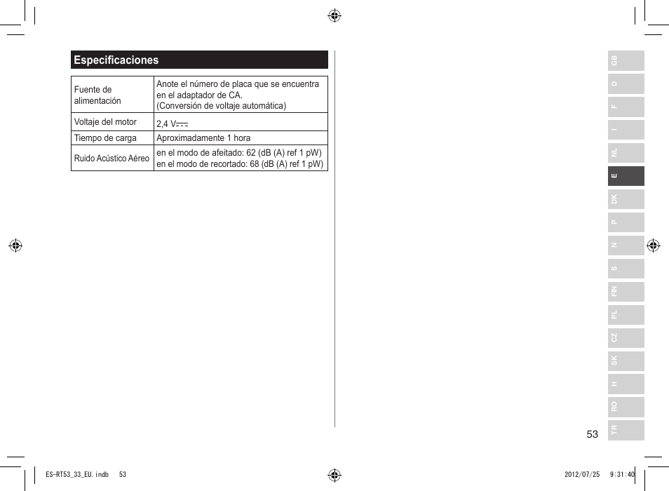 Especificaciones | Panasonic ESRT53 User Manual | Page 53 / 142