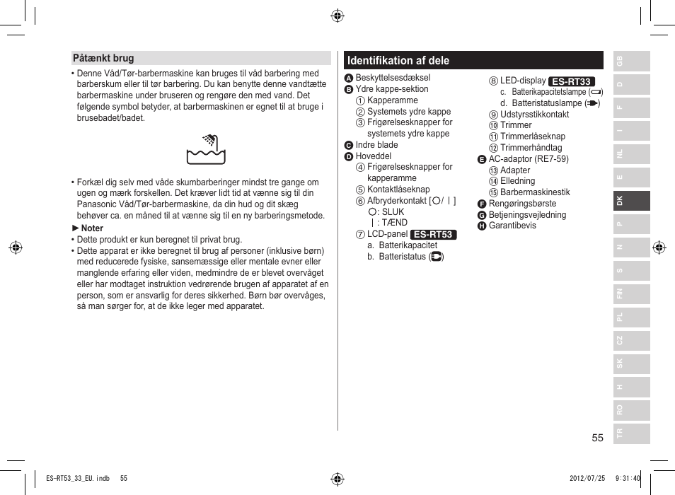 Identifikation af dele | Panasonic ESRT53 User Manual | Page 55 / 142
