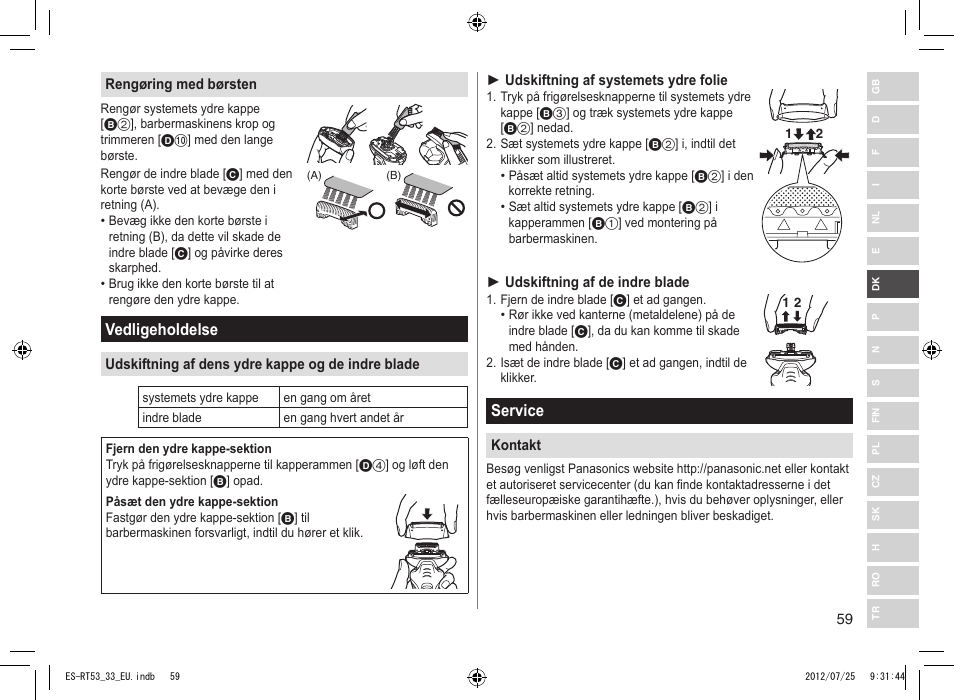 Vedligeholdelse, Service | Panasonic ESRT53 User Manual | Page 59 / 142