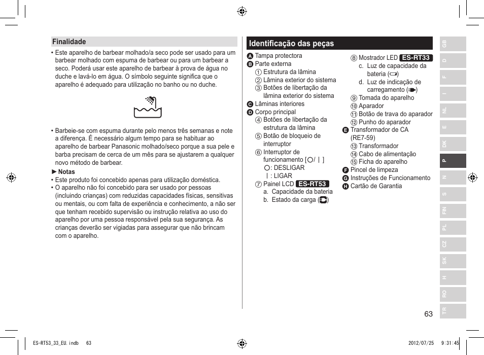 Identificação das peças | Panasonic ESRT53 User Manual | Page 63 / 142