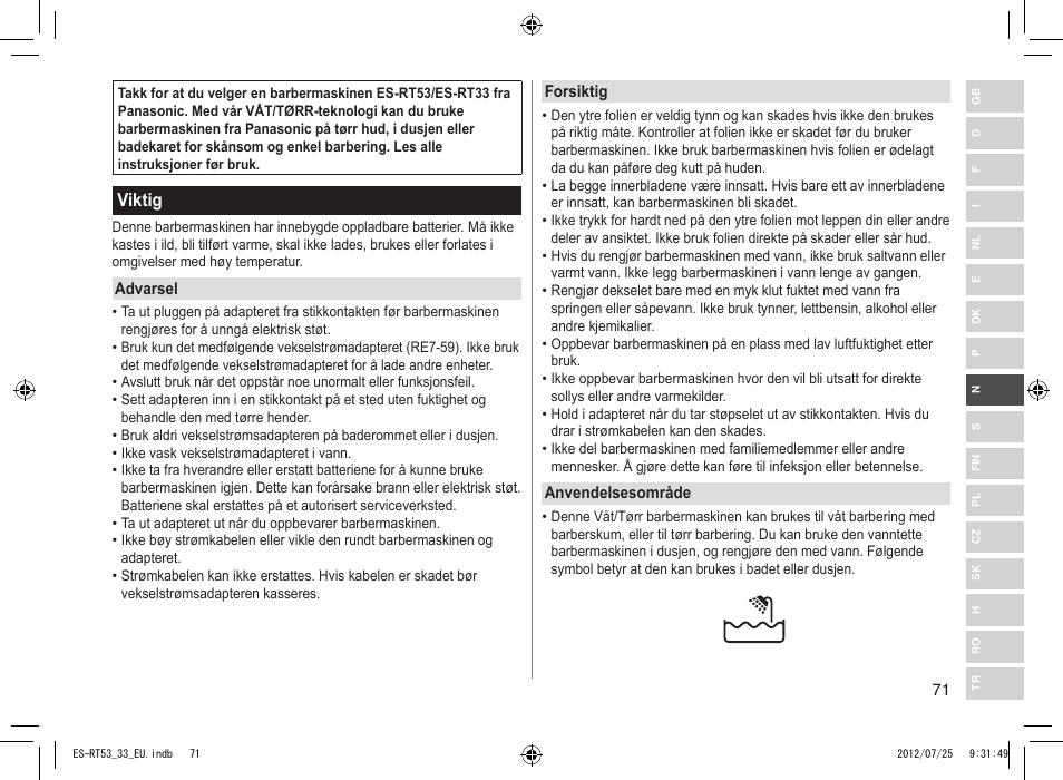 Viktig | Panasonic ESRT53 User Manual | Page 71 / 142