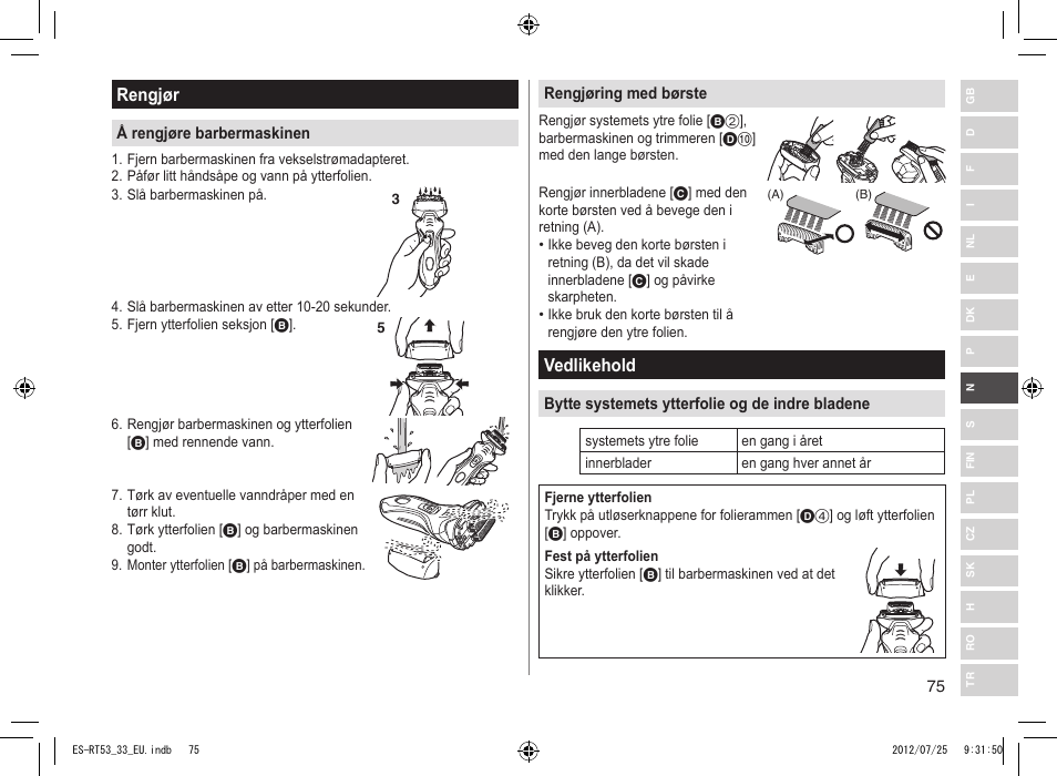 Rengjør, Vedlikehold | Panasonic ESRT53 User Manual | Page 75 / 142