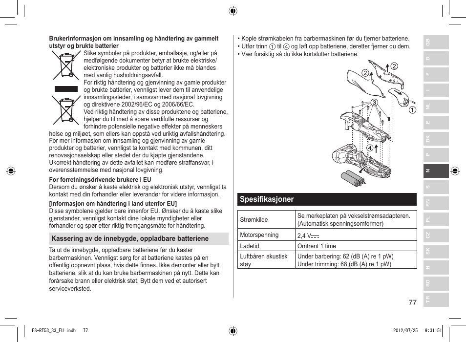 Spesifikasjoner | Panasonic ESRT53 User Manual | Page 77 / 142